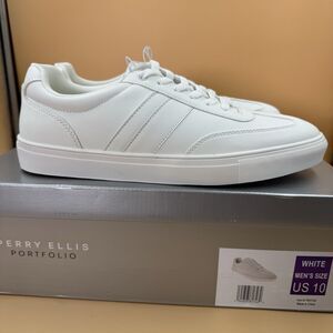 NEW PERRY ELLIS Men's Sneakers Lace Up Faux Leather Upper Shoes White Size 10